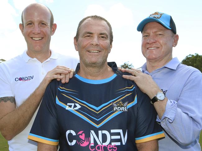 The Gold Coast Titans PDRL captain, Terry Litton, was presented with his jersey by Andy Baxter from Condev (left) and Club Chairman Dennis Watt (right). Picture Glenn Hampson