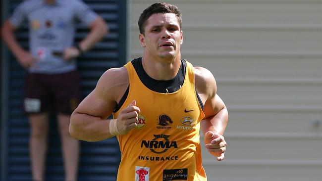 James Roberts struggled with a hip complaint at Broncos training. Picture: Peter Wallis