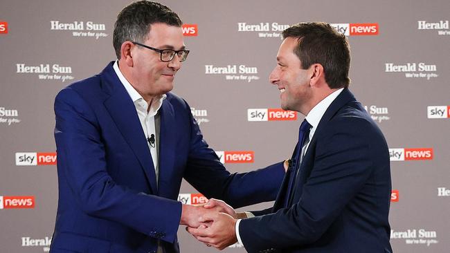 Victorian Premier Daniel Andrews and Opposition Leader Matthew Guy before their debate on Tuesday night. Picture: Ian Currie