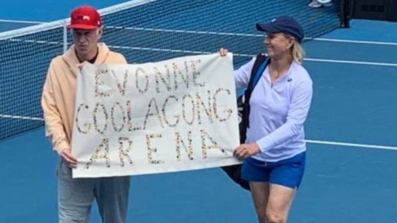 Martina Navratilova and John McEnroe protest for Margaret Court Arena to be renamed in honour of Evonne Goolagong. Source: Twitter