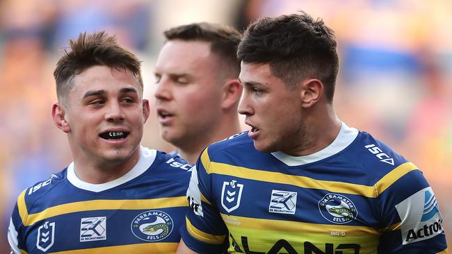 Mitchell Moses celebrates a try with his Eels teammates. Picture: Getty Images