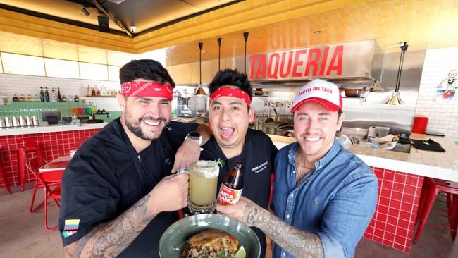 L to R, Juan Areu the Head Chef, Erick Martinez the Owner Marco Ramirez the Owner, exclusive first look at Cartel Del Tacos new venue in New Farm. – Photo Steve Pohlner