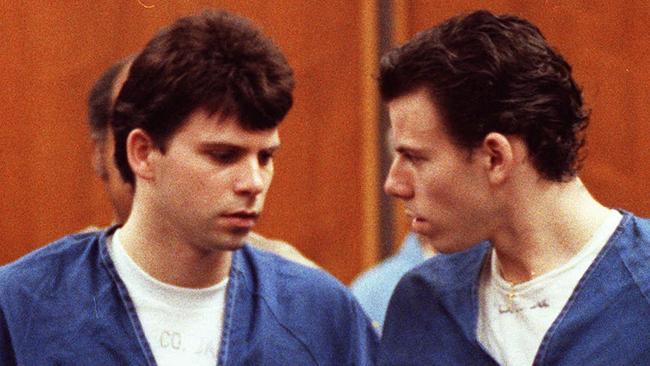 FILE--Lyle, left, and Erik Galen Menendez leave the courtroom in Santa Monica, Calif., in this Aug. 6, 1990 file photo. The Menendez brothers were convicted in March of mudering their parents and were sentenced Wednesday, April 17, 1996, to spend the remainder of their lives in prison. (AP Photo/ Nick Ut, FILE)