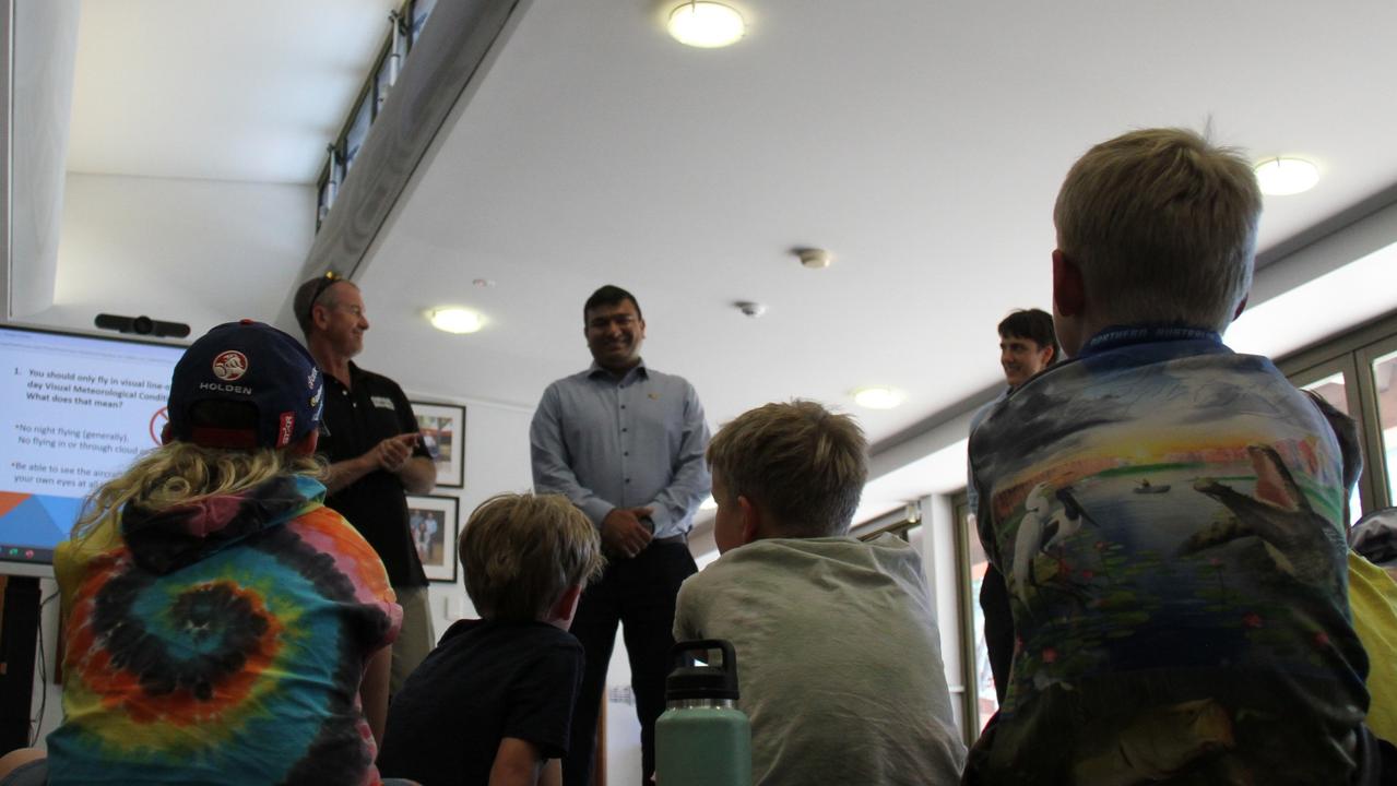 Minister for Youth, Seniors, Equality Jinson Charls visited a drone workshop in Alice Springs. Picture: Gera Kazakov