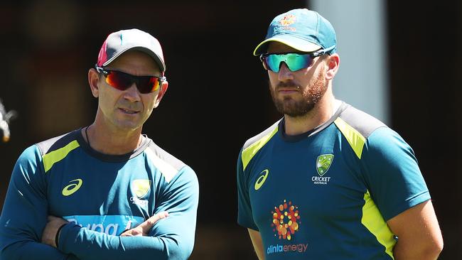 Justin Langer chats with Aaron Finch before the SCG Test. Picture: Phil Hillyard