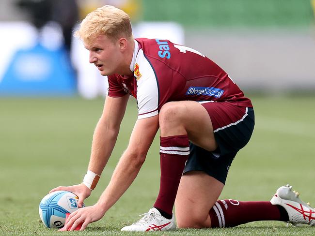 Tom Lynagh will start at flyhalf for Queensland in Friday night’s Super Rugby Pacific quarter-final against the Chiefs. Picture: Kelly Defina/Getty Images