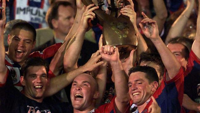 Celebrating Newcastle’s 2001 grand final triumph.