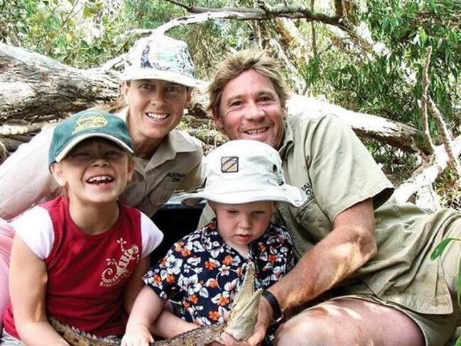 The late Steve Irwin with wife Terri and children Bindi and Robert. Picture: Supplied