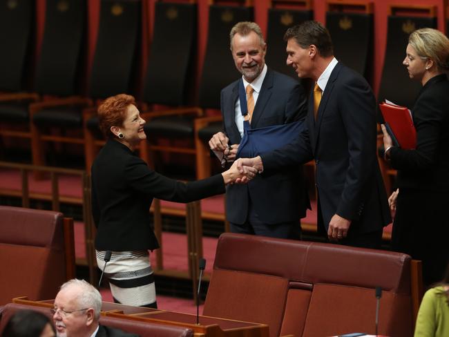 Pauline Hanson speaks to Senator Bernardi ahead of his announcement. Picture: Gary Ramage