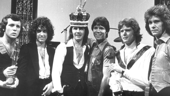 Daryl Braithwaite, with members of Sherbet, crowned King of Pop with singer Cliff Richard.