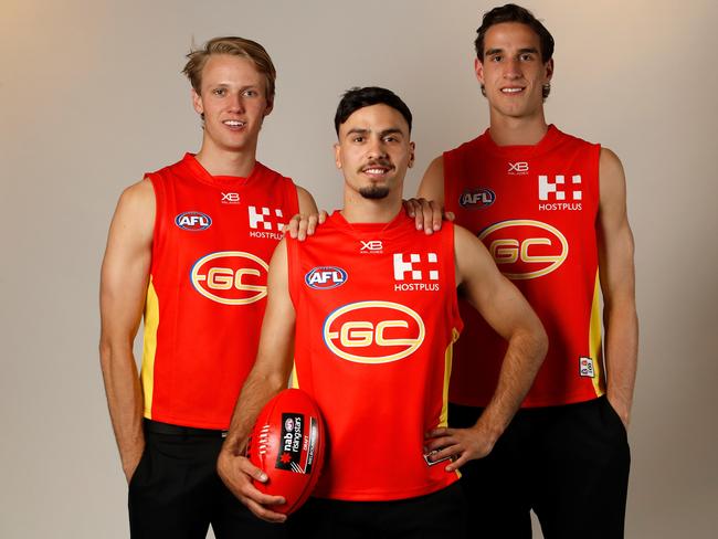 Gold Coast’s 2018 ‘Super Draft’ boys Jack Lukosius, Izak Rankine and Ben King dominated the Hawks. Picture: Getty Images