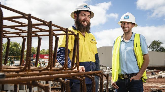 Hutchinson Builders site manager Josh Dietz (left) and project manager Lachlan Bloomfield at the site of the retail development in March. Picture: Kevin Farmer