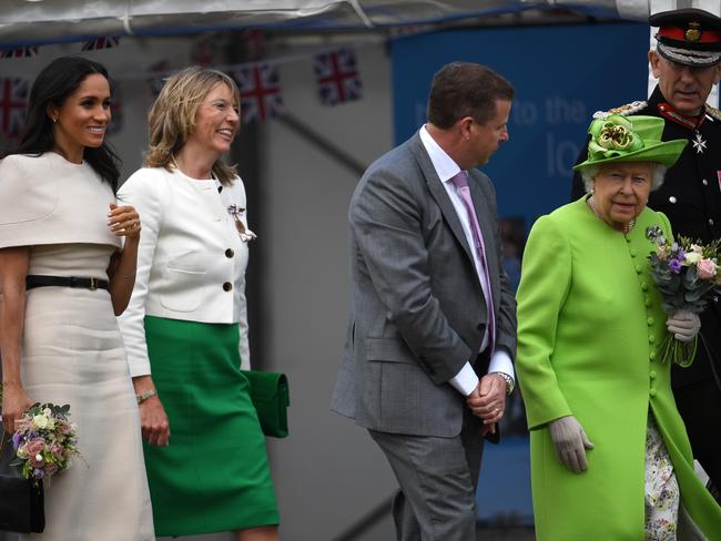 Queen Elizabeth II and Meghan, Duchess of Sussex, arrive to open the new Mersey Gateway Bridge. Picture: Getty