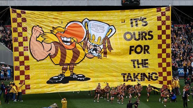 Hawthorn players run through the banner before the 2013 Grand Final. Picture: Colleen Petch