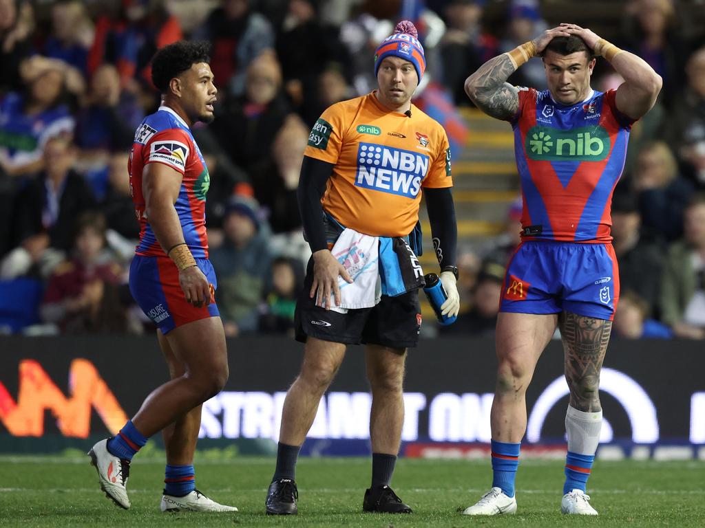 Bradman Best of the Knights reacts to suspected injury during the round 20 NRL match between Newcastle Knights and Brisbane Broncos at McDonald Jones Stadium, on July 20, 2024, in Newcastle, Australia. (Photo by Scott Gardiner/Getty Images)