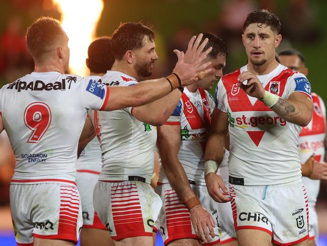 SYDNEY, AUSTRALIA - MAY 11: Zac Lomax of the Dragons celebrates a two point field goal during the round 10 NRL match between St George Illawarra Dragons and South Sydney Rabbitohs at Netstrata Jubilee Stadium, on May 11, 2024, in Sydney, Australia. (Photo by Mark Metcalfe/Getty Images)