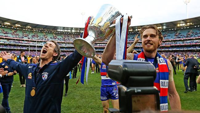 Jordan Roughead celebrates with Bob Murphy. Picture: Tim Carrafa