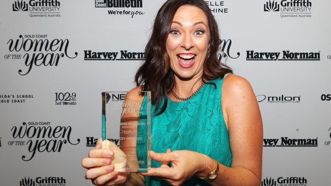 A very happy Stacey Panozzo wining the Wellness Warriors award. Picture Glenn Hampson