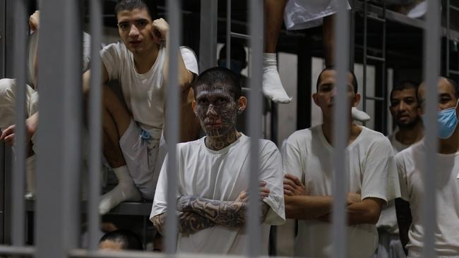 Gang members seen in a cell at the CECOT, in Tecoluca, San Vicente, El Salvador. Picture: Getty Images