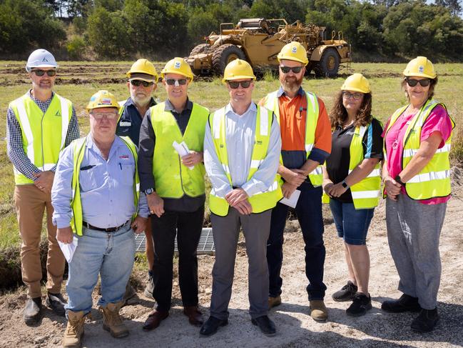 Construction has begun at the site of the new Industry Central Land Swap Project at South Murwillumbah, which will see businesses move from their current locations on the floodplain to flood-free land. To mark the occasion are from left: : Dean Cheffers (Alder Constructions), Ken Sanderson (Murwillumbah Hire and Landscape Supplies), Jim Dickinson (30 Marine Parade Pty Ltd), Lyndon Poirrier (JH Williams), Ray Musgrave (Tweed Shire Council), Graham McMahon and Jenny Land (Hayes Steel), Deputy Mayor Meredith Dennis. Picture: Murray Rix