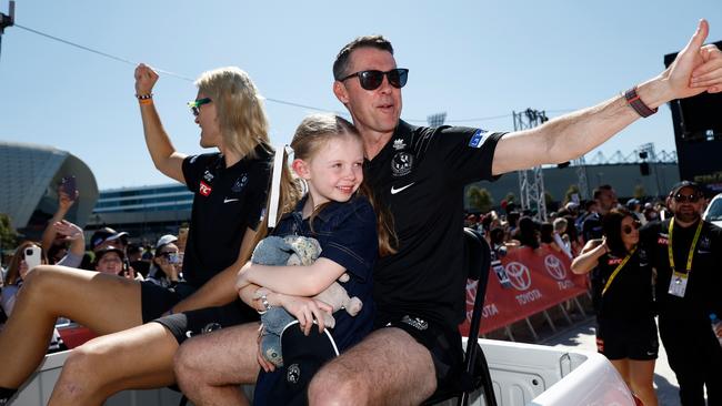 Captain Darcy Moore and coach Craig McRae soak up the grand final parade. Picture: Michael Willson/AFL Photos via Getty Images