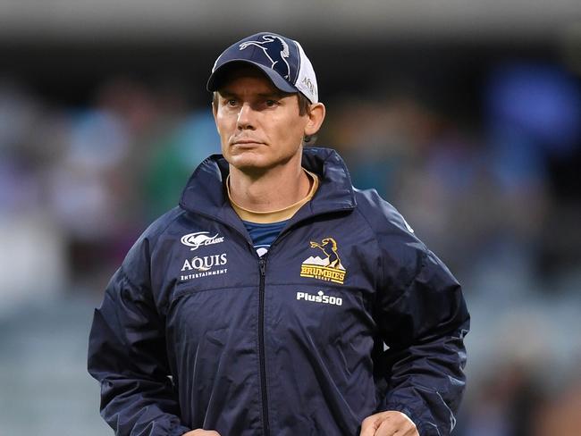 ACT Brumbies Coach Stephen Larkham reacts ahead of the Round 2 Super Rugby match between the ACT Brumbies and the Sharks at GIO Stadium in Canberra, Saturday, March 4, 2017. (AAP Image/Lukas Coch) NO ARCHIVING, EDITORIAL USE ONLY