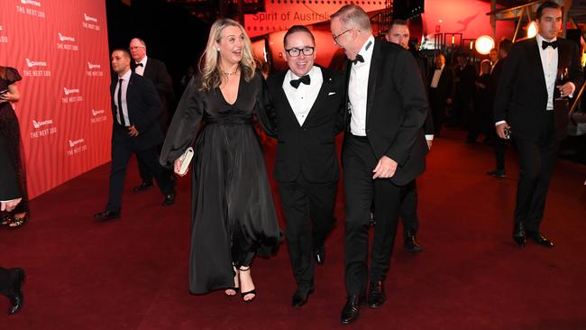 Jodie Haydon, Alan Joyce and Anthony Albanese at the Qantas 100th gala dinner at hangar 96 at Sydney's International Airport last year. Picture: Getty Images