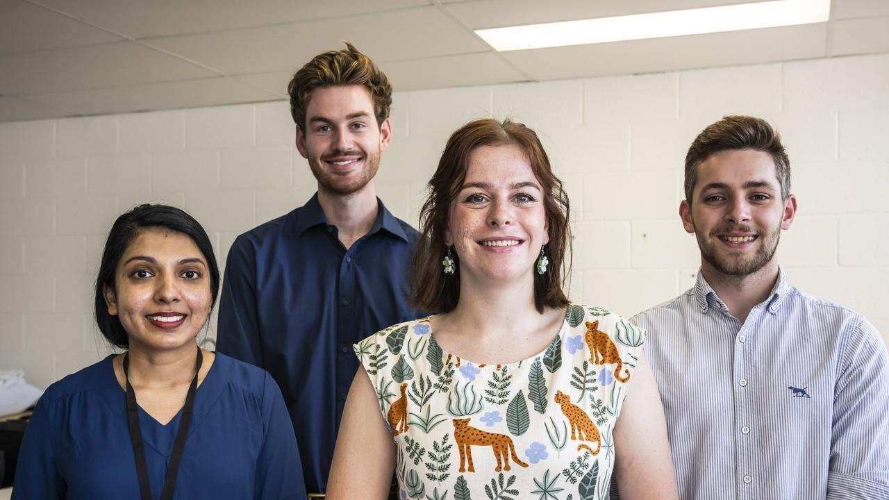 RHH Medical Interns 2024 – Kaushi Koralage from Sri Lanka, Finn Macrossan from Sandy Bay, Jamila Alam from Rosny and Jack Gartlan from Sandy Bay. Picture: Caroline Tan