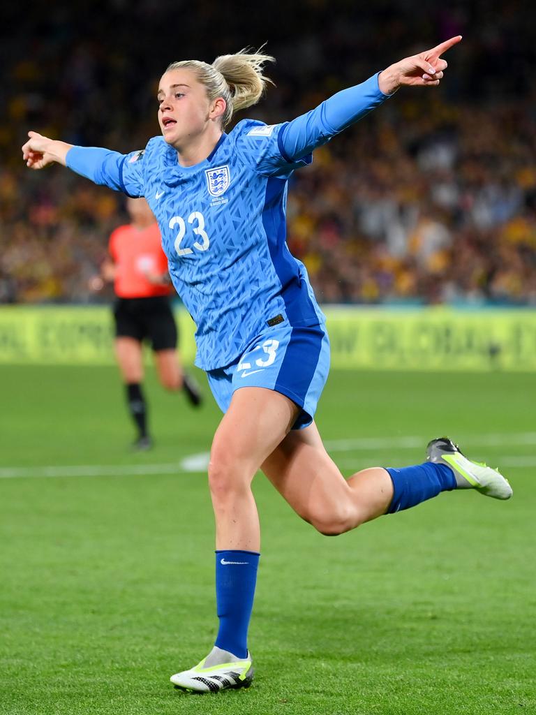 Alessia Russo of England celebrates after scoring her team's third goal, ending Australia’s fading hopes of equalising before the bell. Picture: Justin Setterfield/Getty Images