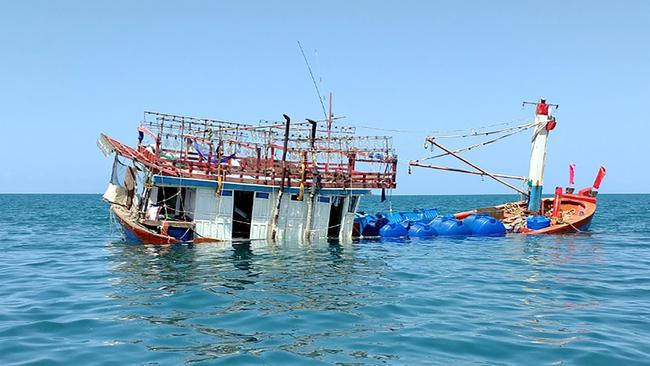 An abandoned fishing boat in the Daintree near Cape Kimberley in Queensland, on which dozens of foreigners are believed to have come to Australia in August 2017. Picture: Port Douglas Marine Rescue.