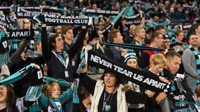 Port Adelaide fans prepare for the club’s record-breaking match against Geelong at the Adelaide Oval. Picture: Tom Huntley