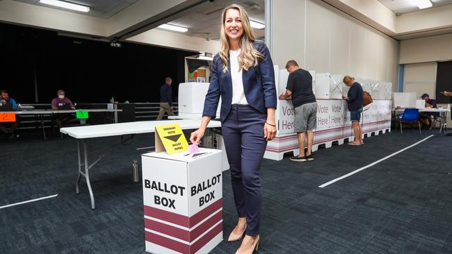 LNP candidate Laura Gerber votes at the Currumbin by-election on Saturday.