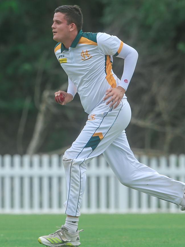 Helensvale bowler Oliver Hawkins picked up 5-18 from 8.2 overs in the Premier Second Grade grand final. Picture: Glenn Campbell