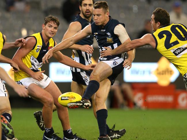 Brandon Howarth kicks a goal quarter goal for the Geelong interleague side. Picture: Wayne Ludbey