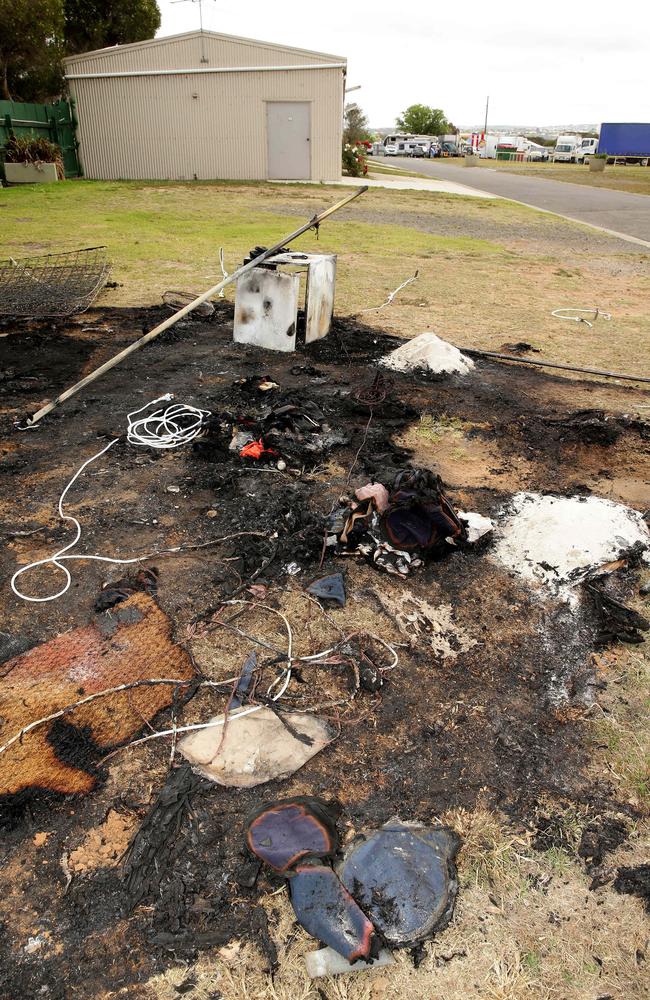 The remains of the tent where Ms Parrott died at Geelong Showgrounds. Picture: Alison Wynd