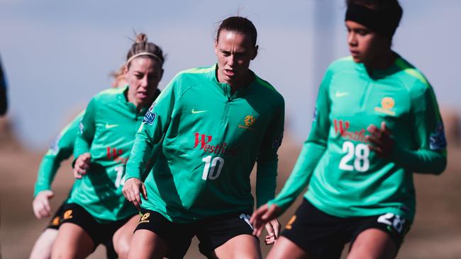 Matildas stars (from left) Alanna Kennedy, Emily van Egmond and Mary Fowler training in Denver, Colorado ahead of Friday’s friendly with the US. Picture: Rachel Bach 