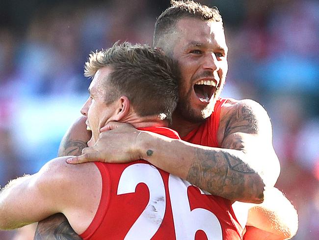 Sydney's Lance Franklin in game number 300 celebrates kicking a goal  during AFL match between the Sydney Swans and St.Kilda Saints at the SCG. Picture. Phil Hillyard