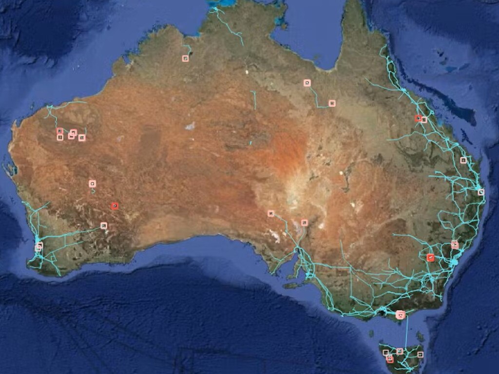 Potential mine sites (red) are typically located close to existing transmission lines (blue) due to the energy requirements of the original mining process. Source: ANU