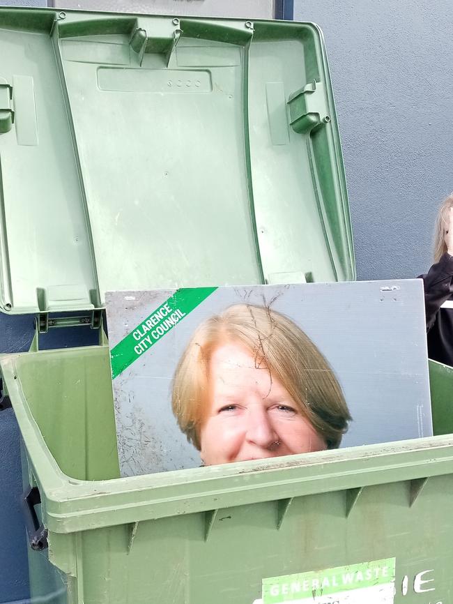 Clarence candidate Beth Warren's signs in the bin. Pic: Dean Ewington.