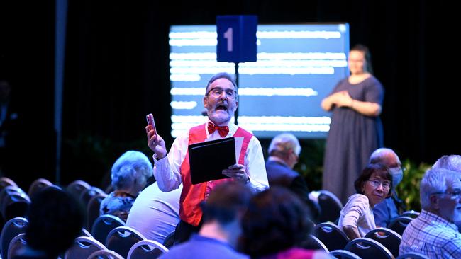 While the acrobats performed, one protestor gave a speech to assembled shareholders. Picture: Dan Peled / NCA NewsWire