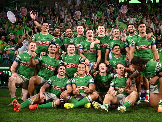 BRISBANE, AUSTRALIA - MAY 04: The Raiders celebrate after winning the round nine NRL match between Melbourne Storm and Canberra Raiders at Suncorp Stadium, on May 04, 2025, in Brisbane, Australia. (Photo by Hannah Peters/Getty Images)