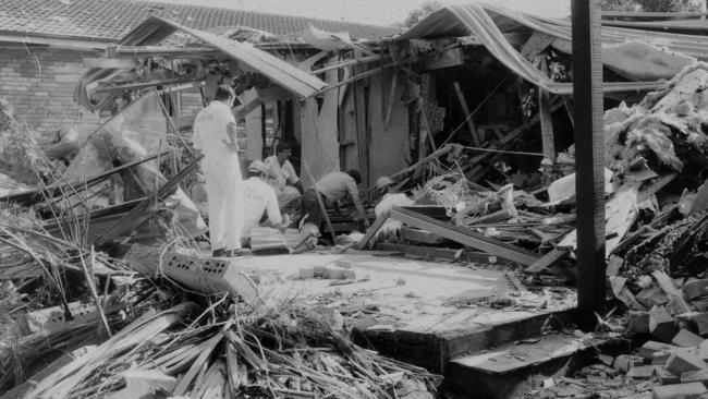 Justice Richard Gee's Belrose home after it was bombed. Photo Manly Daily