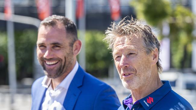 Bellamy with Smith at the unveiling of the superstar’s bronze statue. Picture: Jake Nowakowski