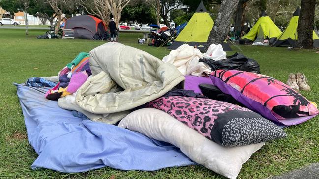 A pile of belongings from a homeless person evicted from Carey Park at Southport. Other rough sleepers said council had instructed to leave it near the footpath.