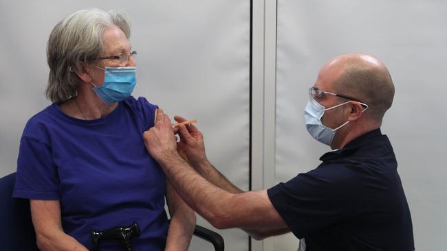 Margaret Brownsea from Southampton in South East England receives the Oxford/AstraZeneca Covid-19 vaccine. Picture: AFP