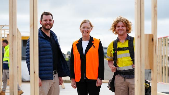 Housing minister Felix Ellis with Vonette Mead, Master Builders Tasmania, and Ryan from JDR Homes after announcing further funds for the house building sector. Picture: Supplied