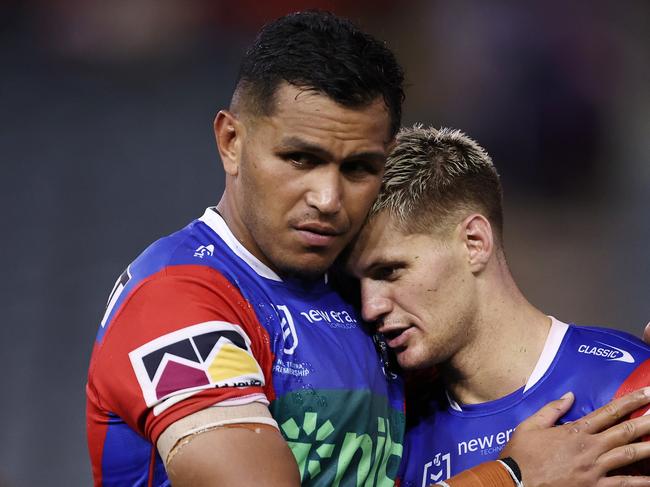 NEWCASTLE, AUSTRALIA - MARCH 07: Kalyn Ponga of the Knights reacts after losing the round one NRL match between Newcastle Knights and Canberra Raiders at McDonald Jones Stadium on March 07, 2024, in Newcastle, Australia. (Photo by Brendon Thorne/Getty Images)