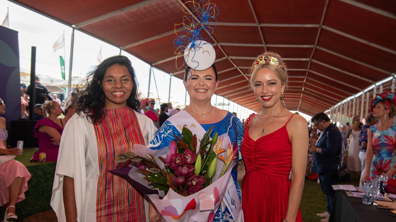 Ilma Ali, Angie Torr and Tatiana Hoffman from @freyzzydesign at the 2024 Darwin Cup Carnival Fashions on Field. Picture: Pema Tamang Pakhrin