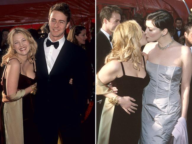 Drew Barrymore, Edward Norton and Liv Tyler at the Oscars in 1999. Picture: Getty