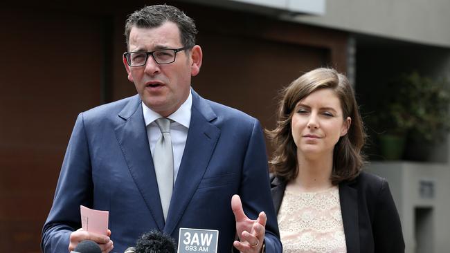 Premier Daniel Andrews and Labor candidate for Northcote, Clare Burns. Picture: George Salpigtidis